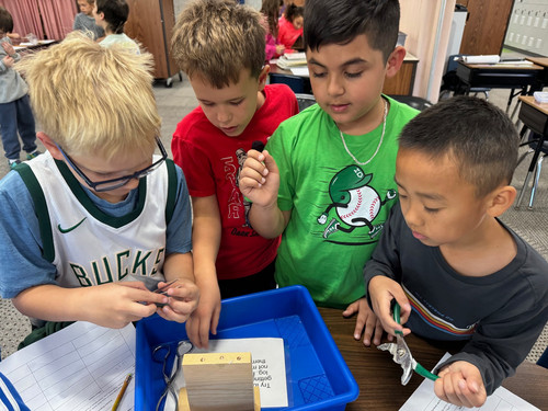 Students working on science experiment about animal beaks.